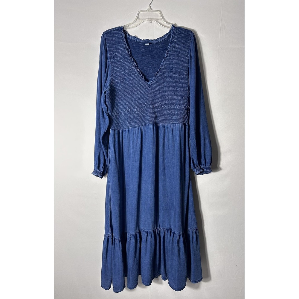 Old Navy Dress Womens XL Blue Lyocell Smocked Bodice Long Sleeve Midi Boho